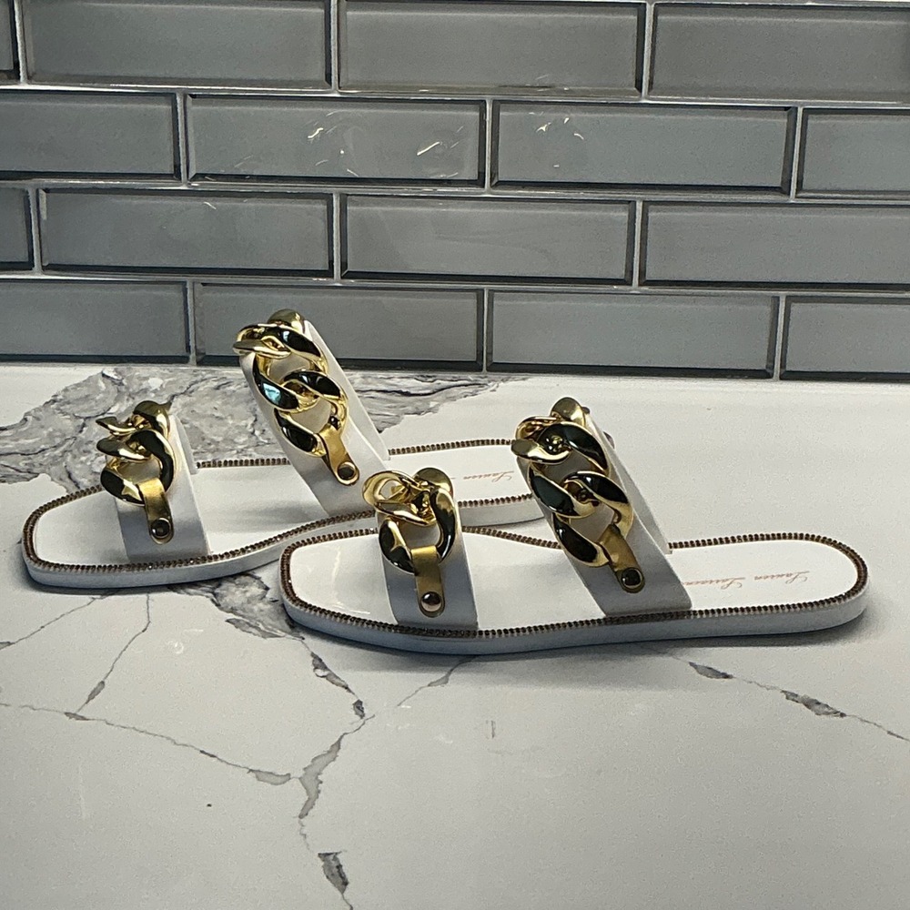 Lauren‎ Lorraine Chan White Gold Chain Flat Slide Sandals Square Toe Size 5.5